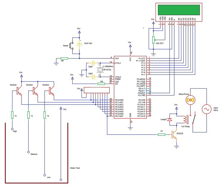 Schematic Diagram for How to make Water level controller using 8051 Microcontroller