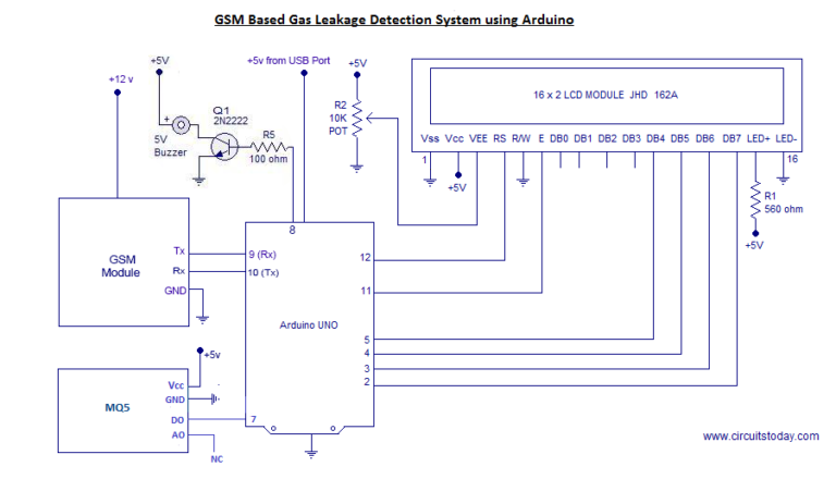 Gas Leakage Detection System with GSM Module Sound Alarm schematic
