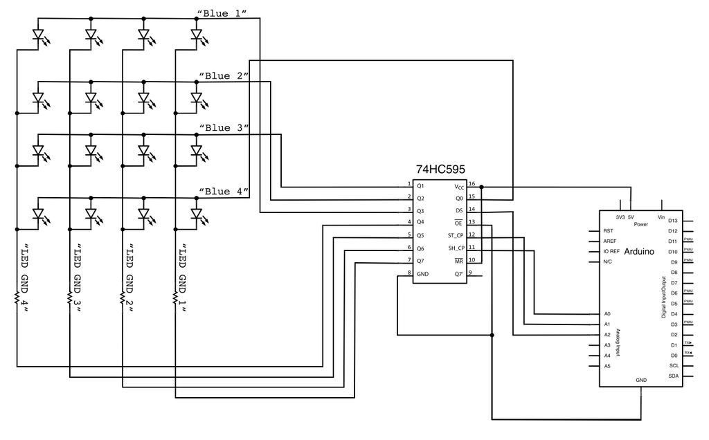 Multiplexing with Arduino and the 74HC595 schematic